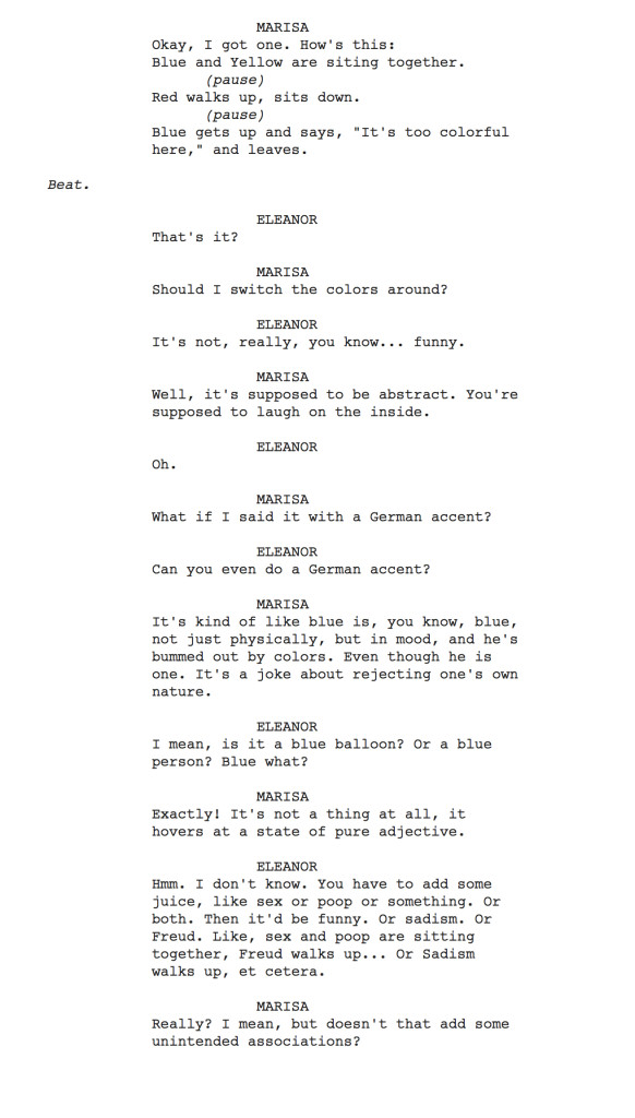 Deleted portions of 'Marisas', a script conceived and written by Amelia Saul for Marisa Viola and Eleanor Hutchins
